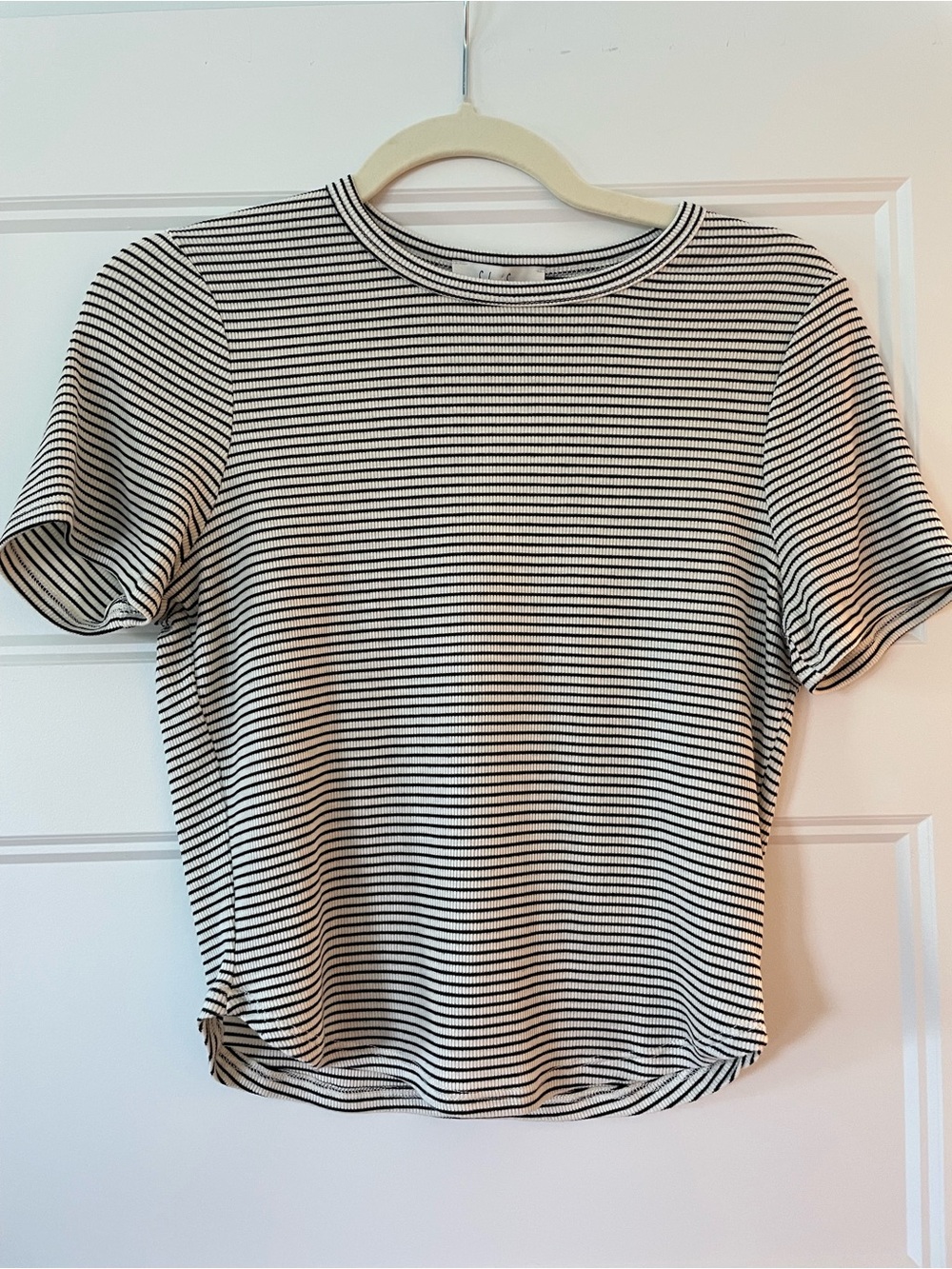 Ribbed Striped Short Sleeve Tee, Black & White, Large